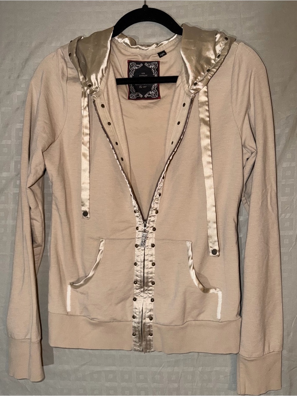 Y2K Vintage Guess Full Zip Hoodie Tan Satin Trim Embellishments Bling Size L